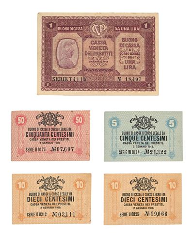 Lotto Composto da Cinque Pezzi di Cartamoneta: 5, 10 (2 Pz), 50 Centesimi e 1 Lira 2 Gennaio 1918...