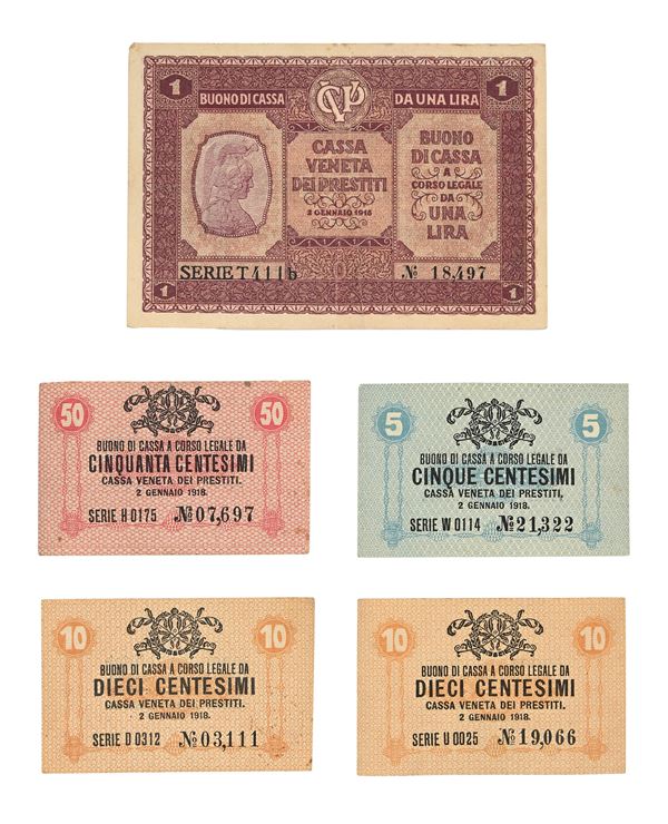 Lotto composto da cinque pezzi di cartamoneta: 5, 10 (2 pz), 50 centesimi e 1 Lira 2 gennaio 1918 Cassa Prestiti Veneta Occupazione Austriaca