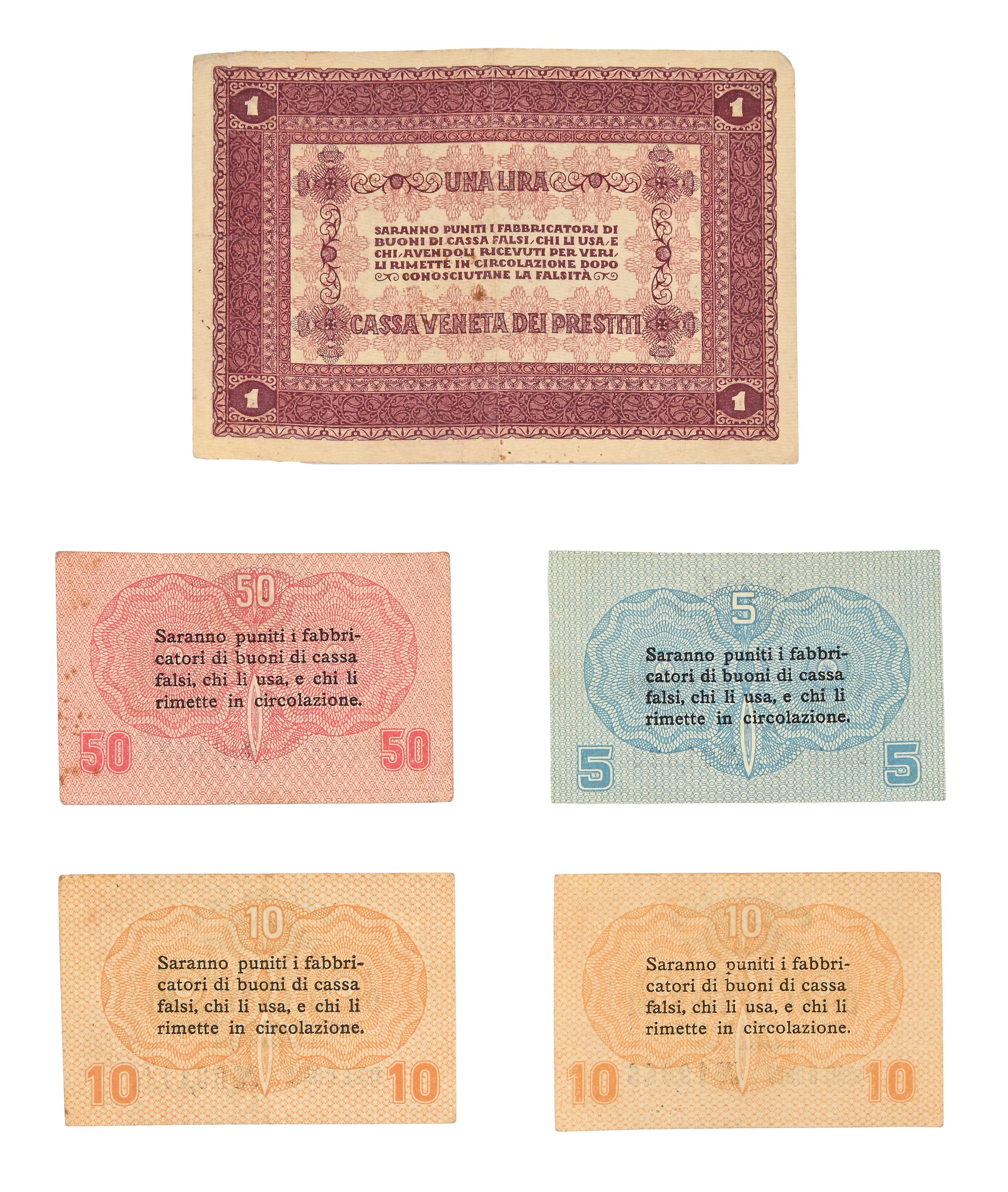 Lotto Composto da Cinque Pezzi di Cartamoneta: 5, 10 (2 Pz), 50 Centesimi e 1 Lira 2 Gennaio 1918...