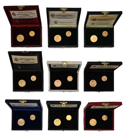 9 Dittici da 1 e 2 Scudi Repubblica di San Marino 1974, 1975, 1976, 1977, 1978, 1979, 1980, 1981 ...