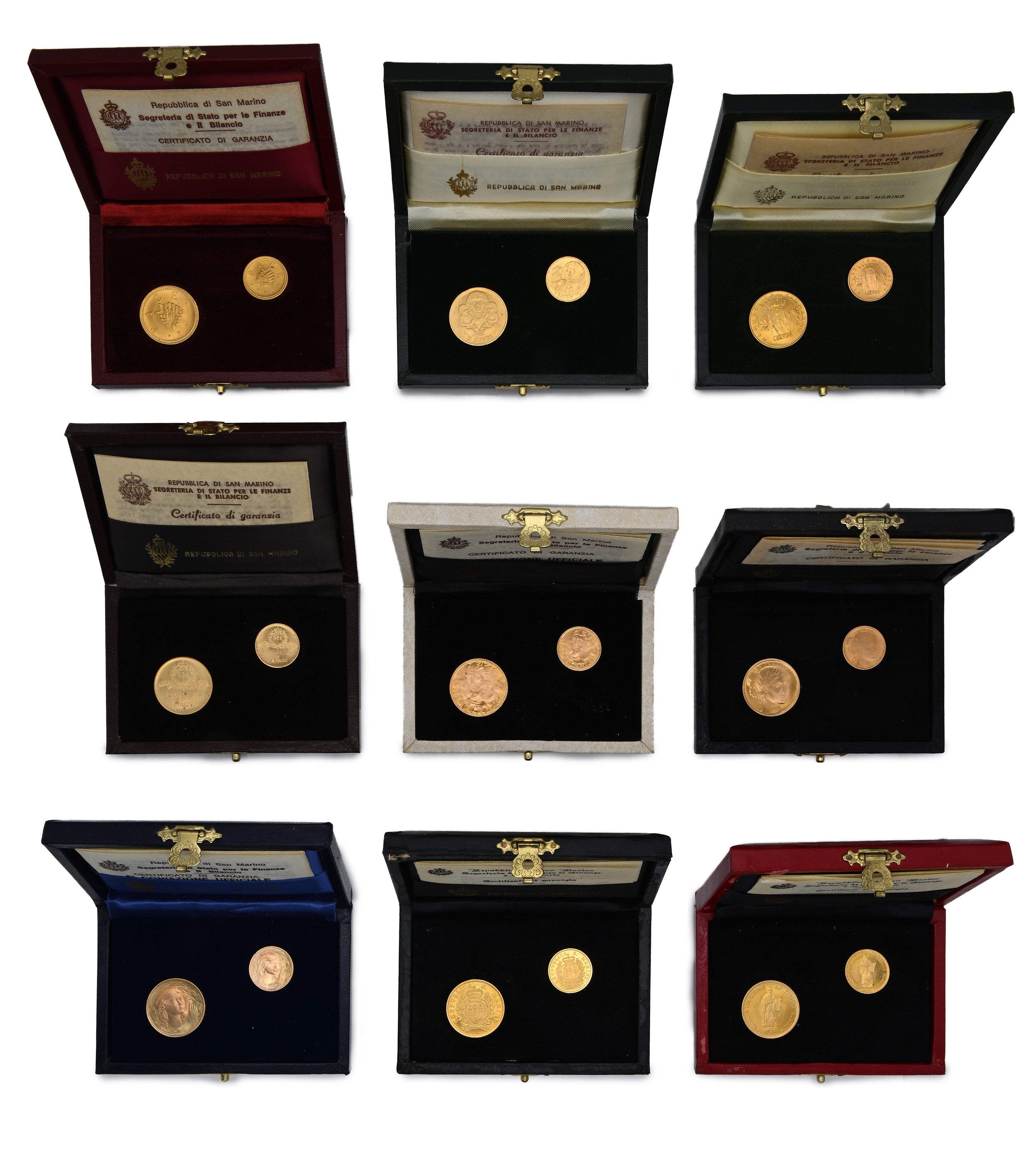 9 Dittici da 1 e 2 Scudi Repubblica di San Marino 1974, 1975, 1976, 1977, 1978, 1979, 1980, 1981 ...