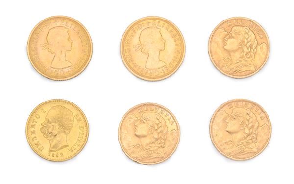 Lotto di 6 monete: 20 lire 1882 Regno d'Italia Umberto I; 3 da 20 franchi 1935 Svizzera; 2 sterline 1966 e 1967 Gran Bretagna Elisabetta II