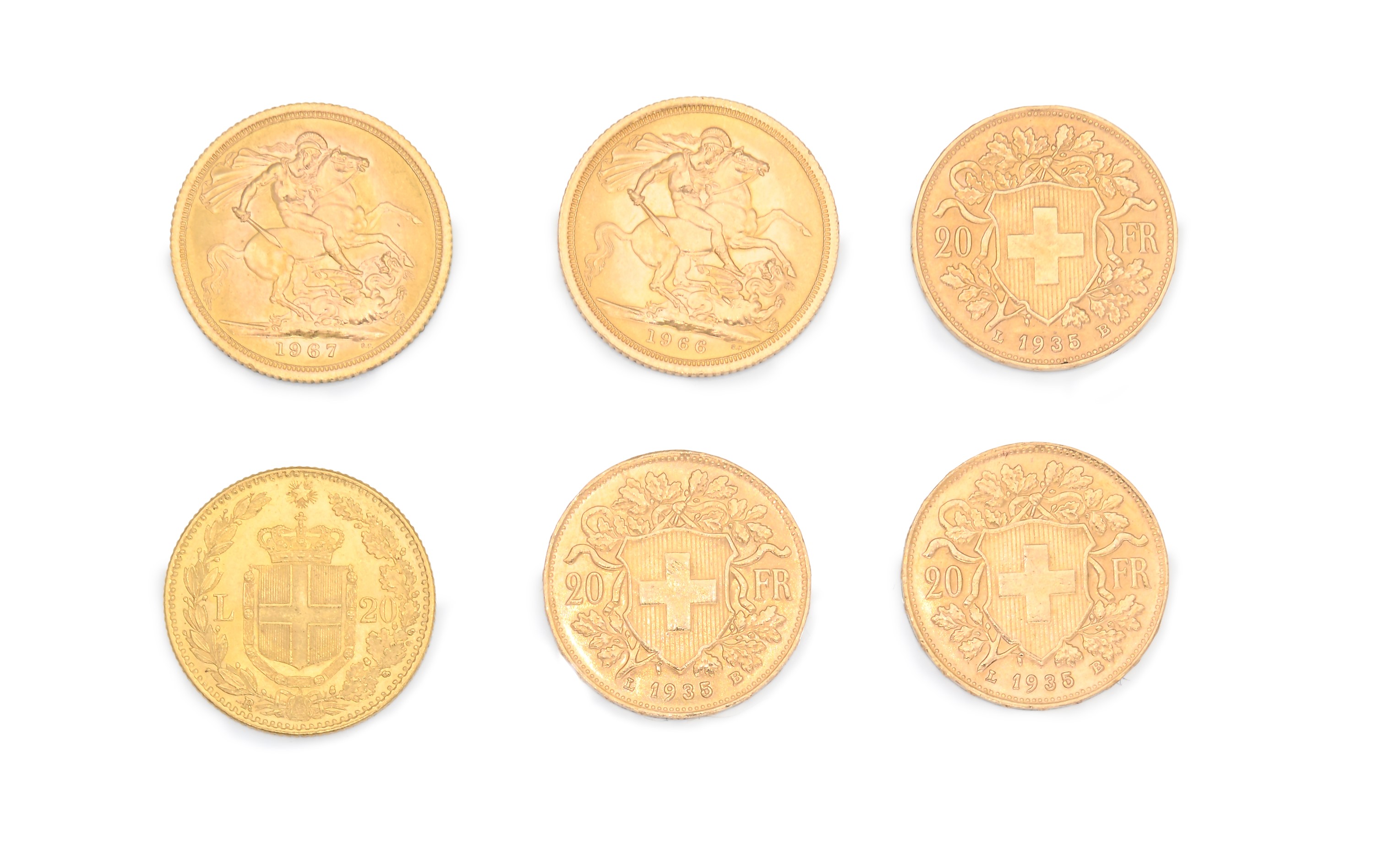 Lotto di 6 Monete: 20 Lire 1882 Regno D'italia Umberto I; 3 da 20 Franchi 1935 Svizzera; 2 Sterli...