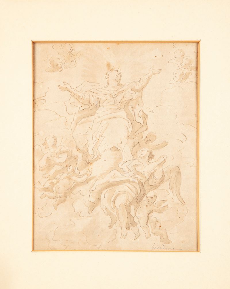 Luca Giordano - Studio per l'Assunzione della Vergine, china e inchiostro acquerellato