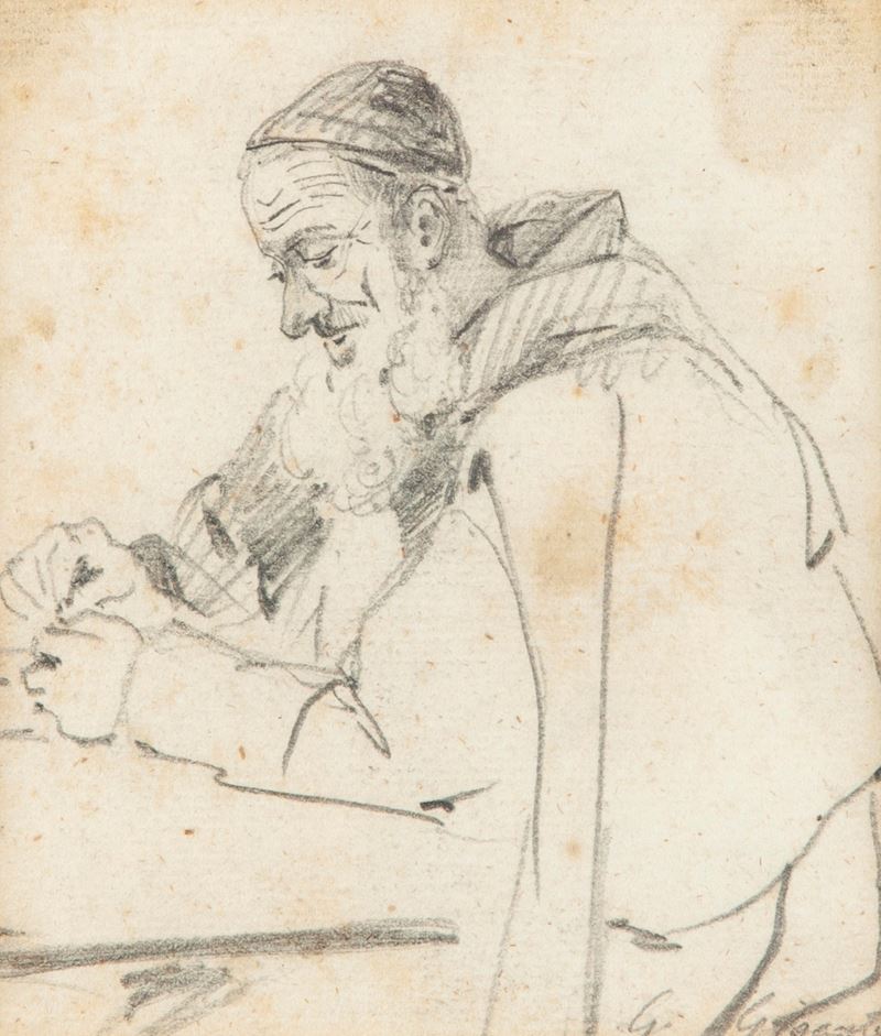 Giacinto Gigante - Ritratto di anziano con berretto, matita su carta