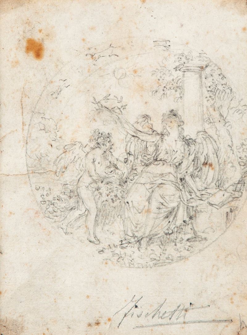 Fedele Fischetti - Musa incorona Amore, matita su carta