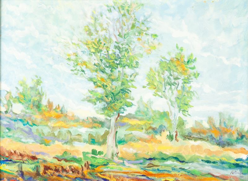 Paesaggio con Albero Olio su Cartone Telato