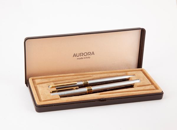 Aurora Marco Polo - Set Penna stilografica e Penna a sfera in acciaio con particolari dorati e smaltati