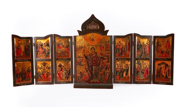 Iconografo russo del XIX secolo - Iconostasi portatile raffigurante Madonna con i Santi e le Dodici Feste
