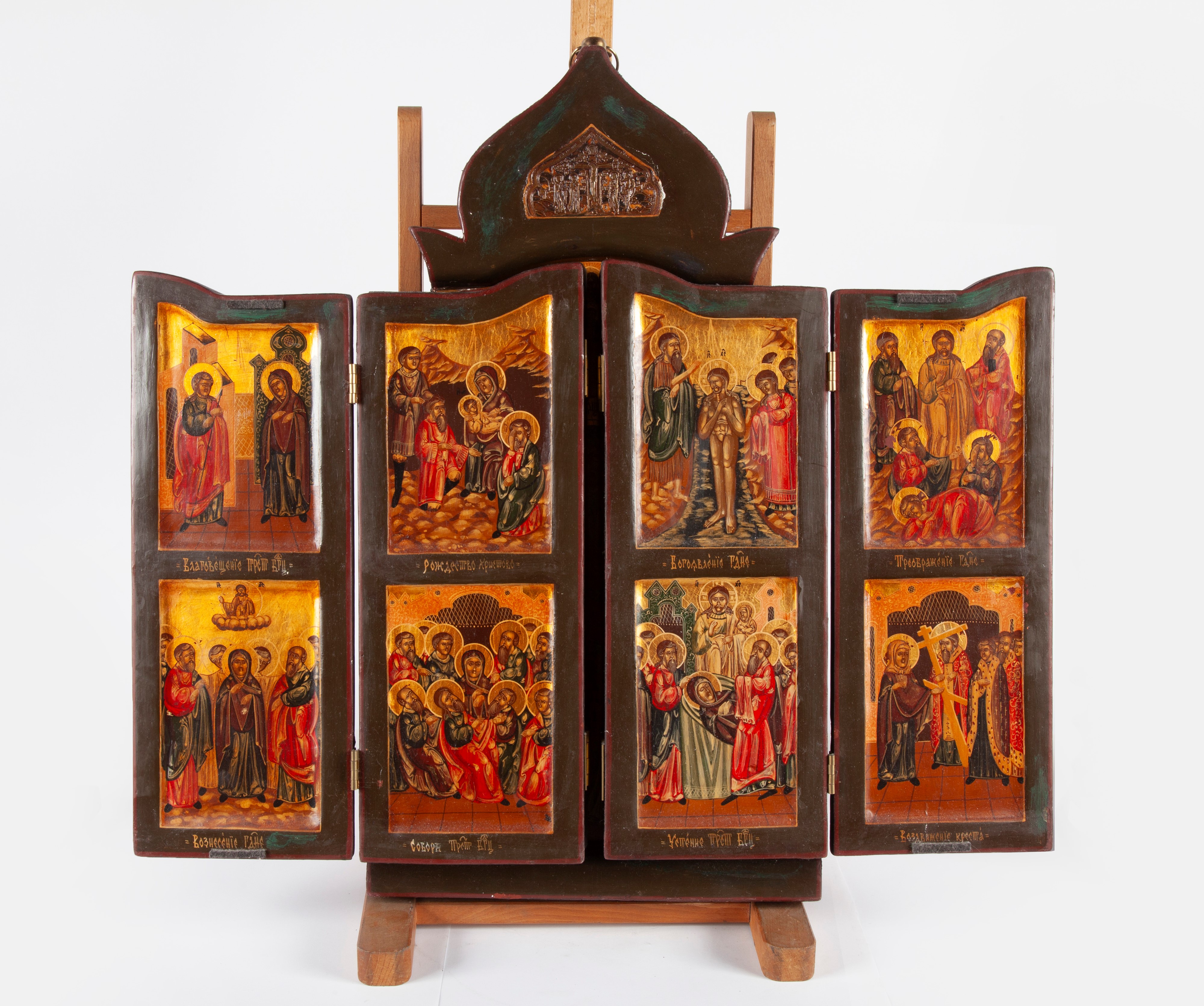 Iconografo Russo del XIX Secolo - Iconostasi Portatile Raffigurante Madonna con i Santi e le Dodi...