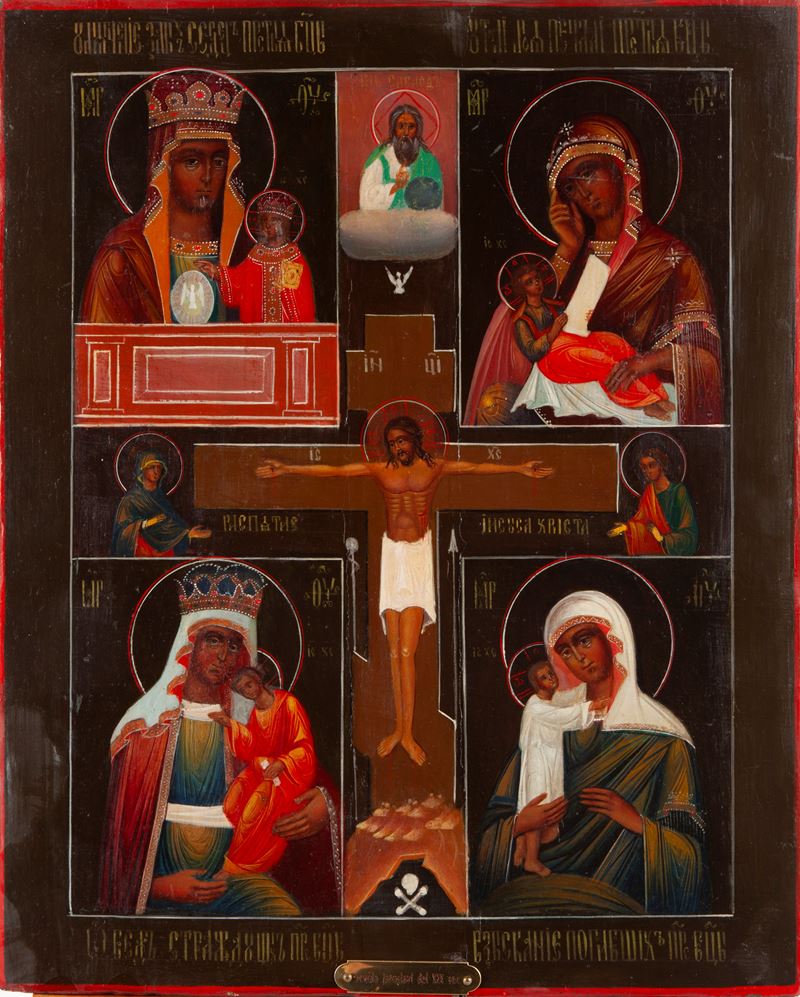 Iconografo Russo del XIX Secolo - Icona Quadripartita con Quattro Madonne e Crocifisso