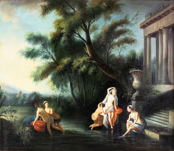 Scuola francese del XIX secolo - Paesaggio con architetture classiche con Venere e ninfe