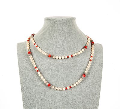 Collana in Argento, Corallo e Perle