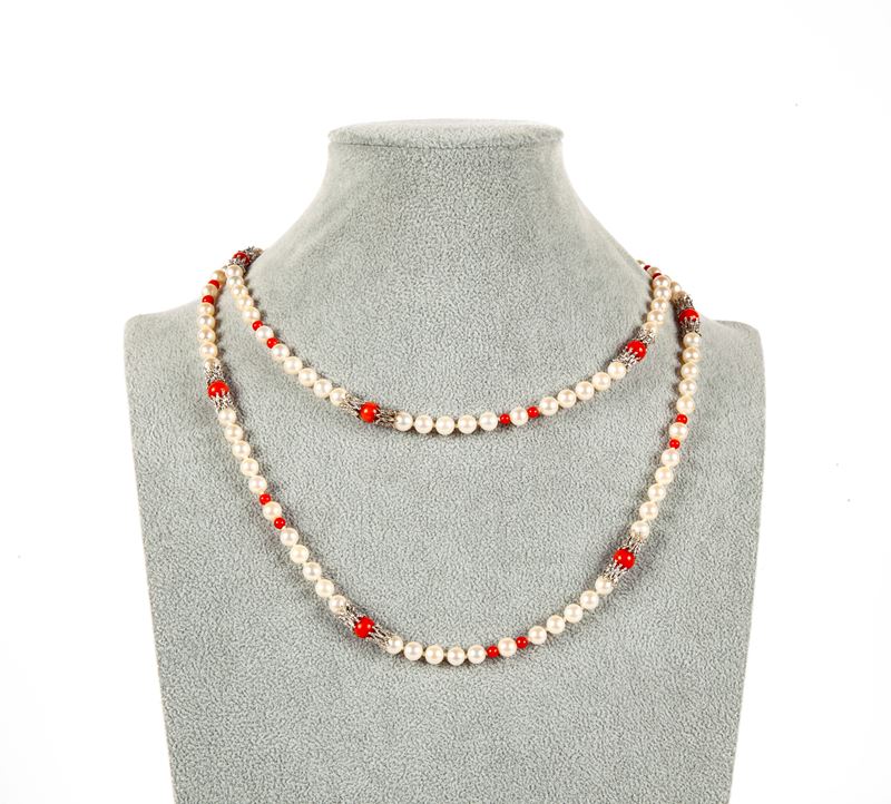 Collana in Argento, Corallo e Perle