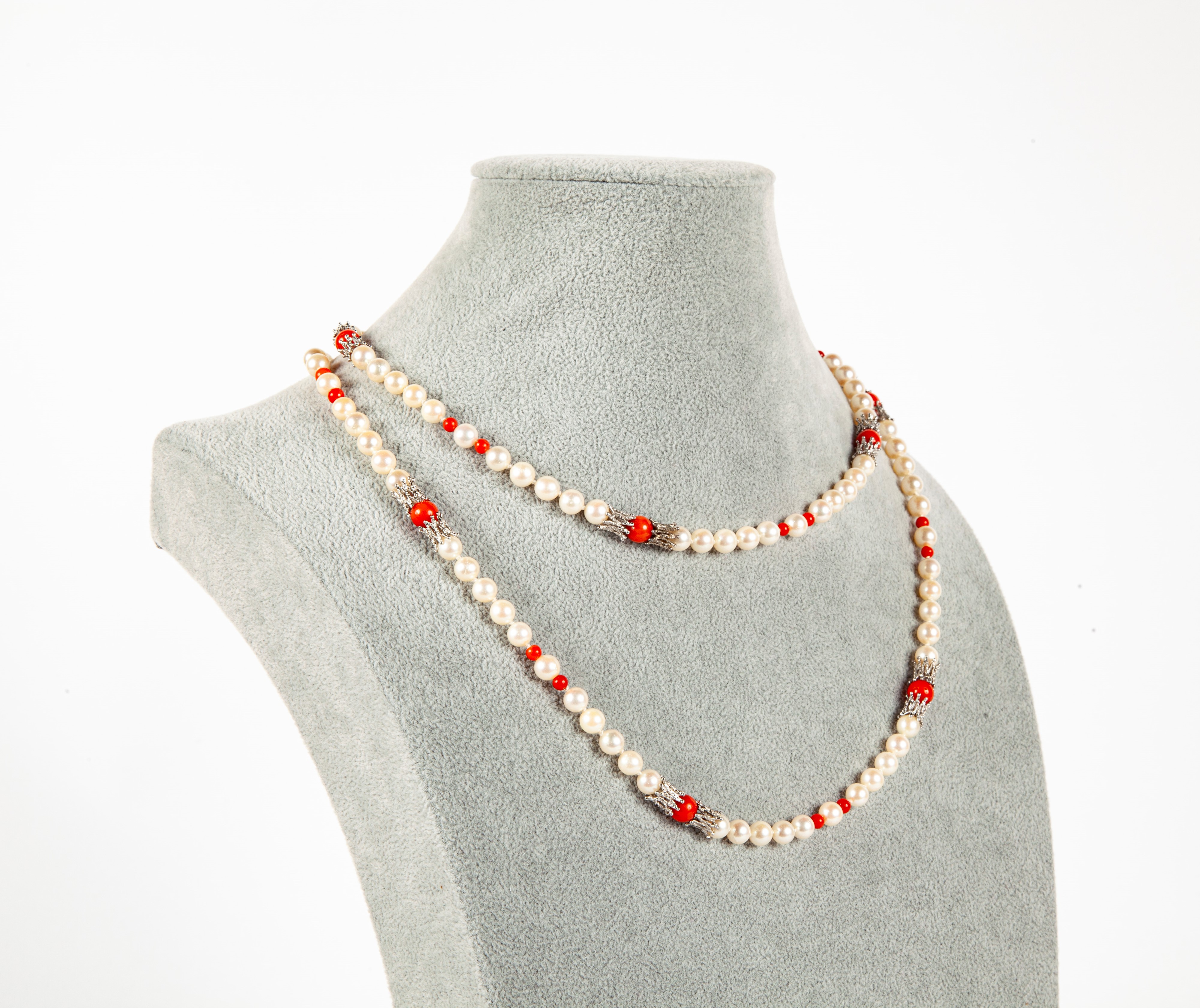 Collana in Argento, Corallo e Perle