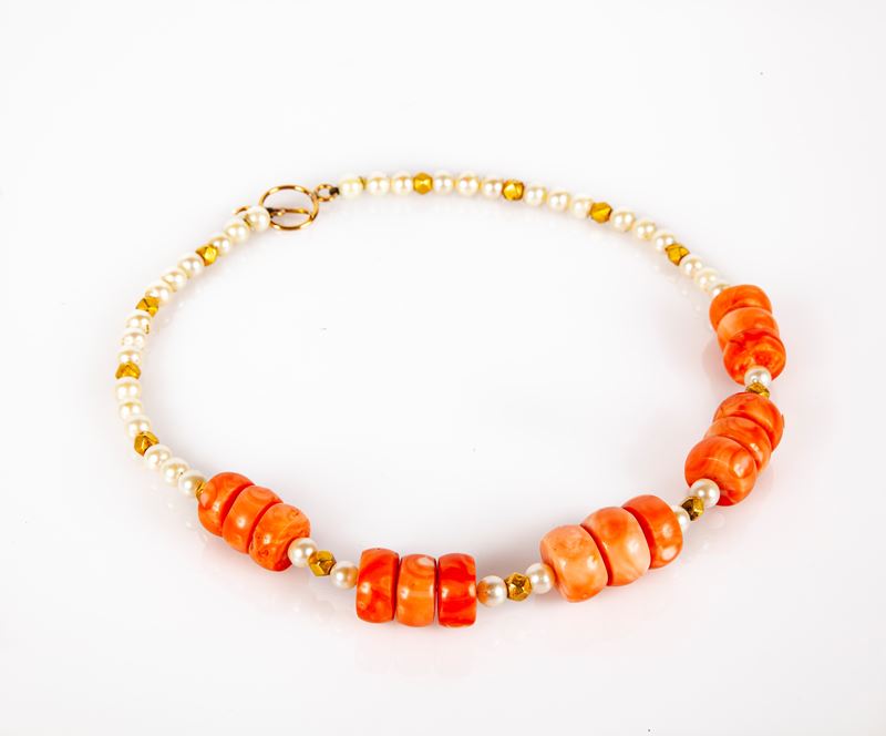 Scortecci- Roma, Collana in Oro Corallo e Perle