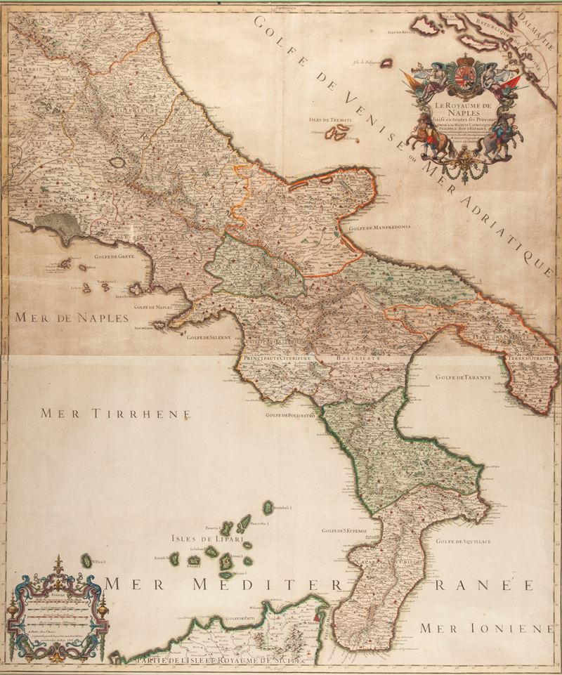 Alexis Hubert Jaillot, Le Royaume de Naples divisé en toutes ses provinces, incisione in rame acq...