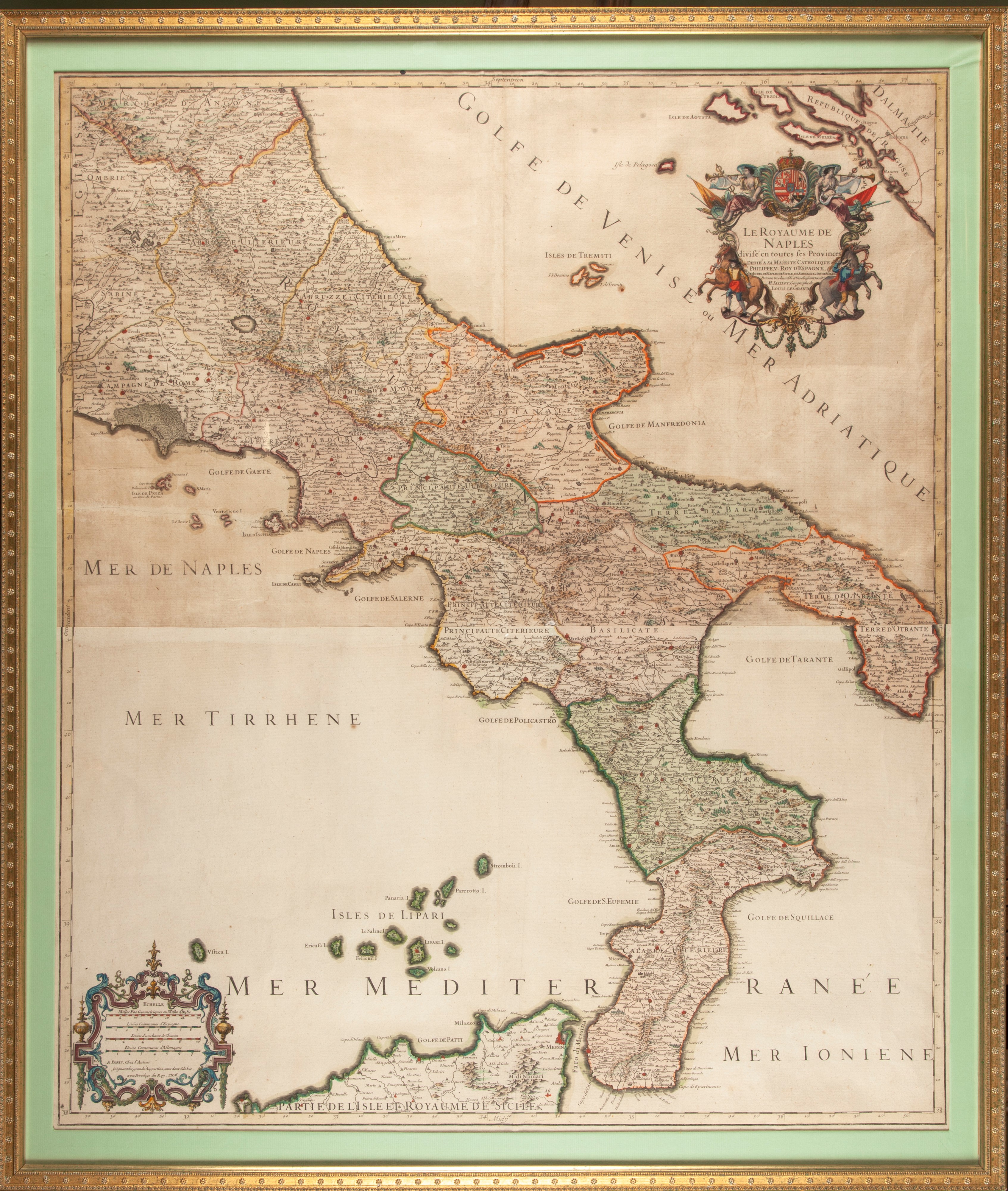 Alexis Hubert Jaillot, Le Royaume de Naples divisé en toutes ses provinces, incisione in rame acq...