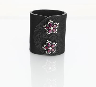 Bracciale in Pelle Argento, Diamanti e Rubini