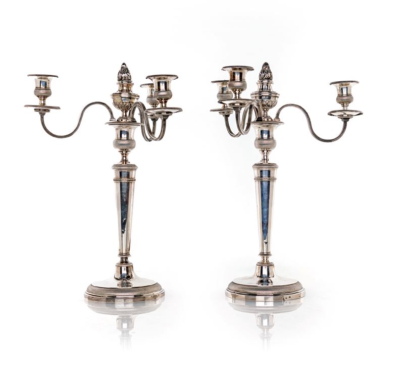 Coppia di Candelabri in Argento a Quattro Luci, Torino, XIX Secolo
