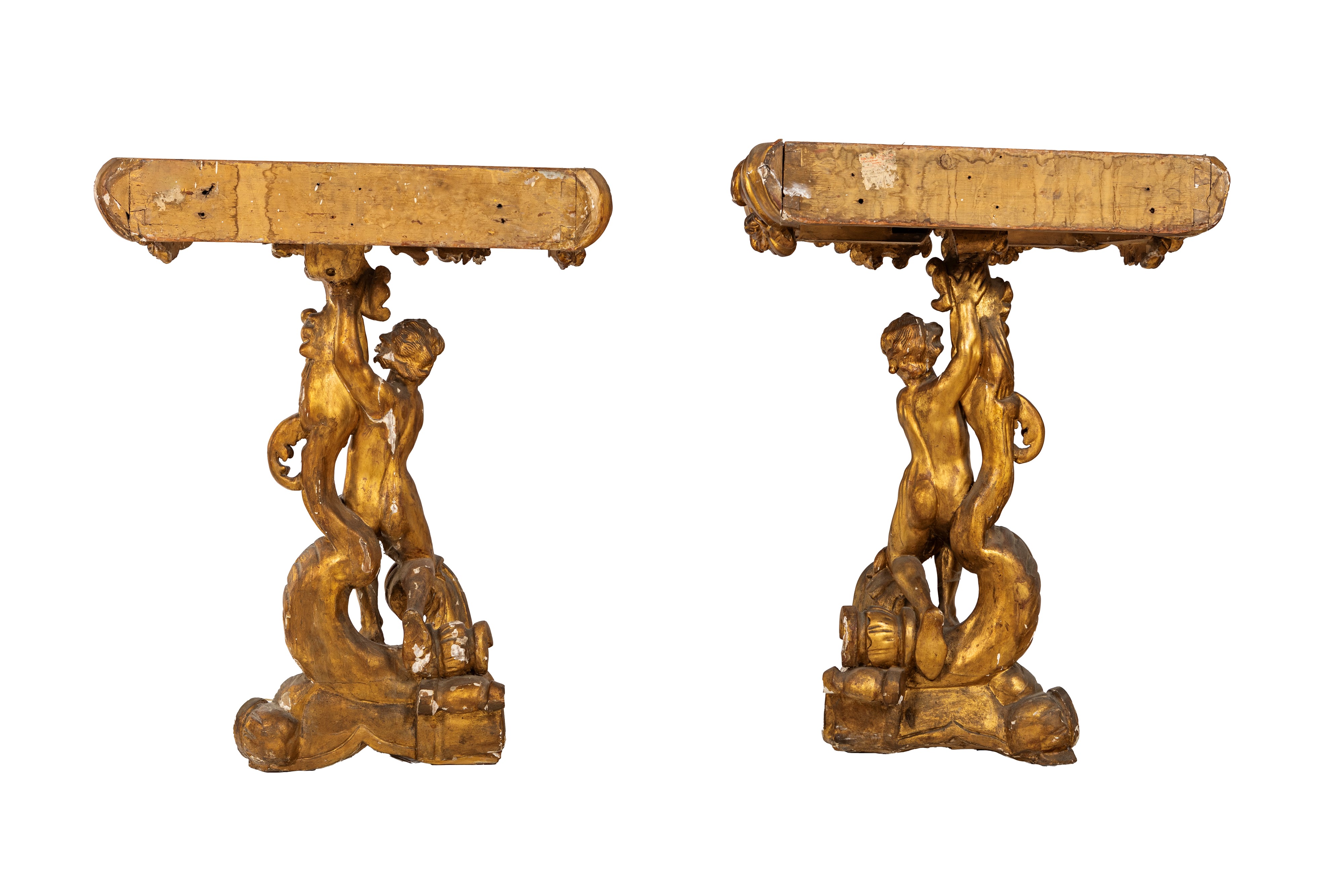 Coppia di Consoles in Legno Scolpito e Dorato, XIX Secolo
