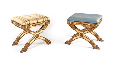 Coppia di Sgabelli D'epoca Impero in Legno Laccato Bianco e Dorato