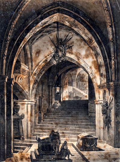 Interno con figure, acquarello su carta