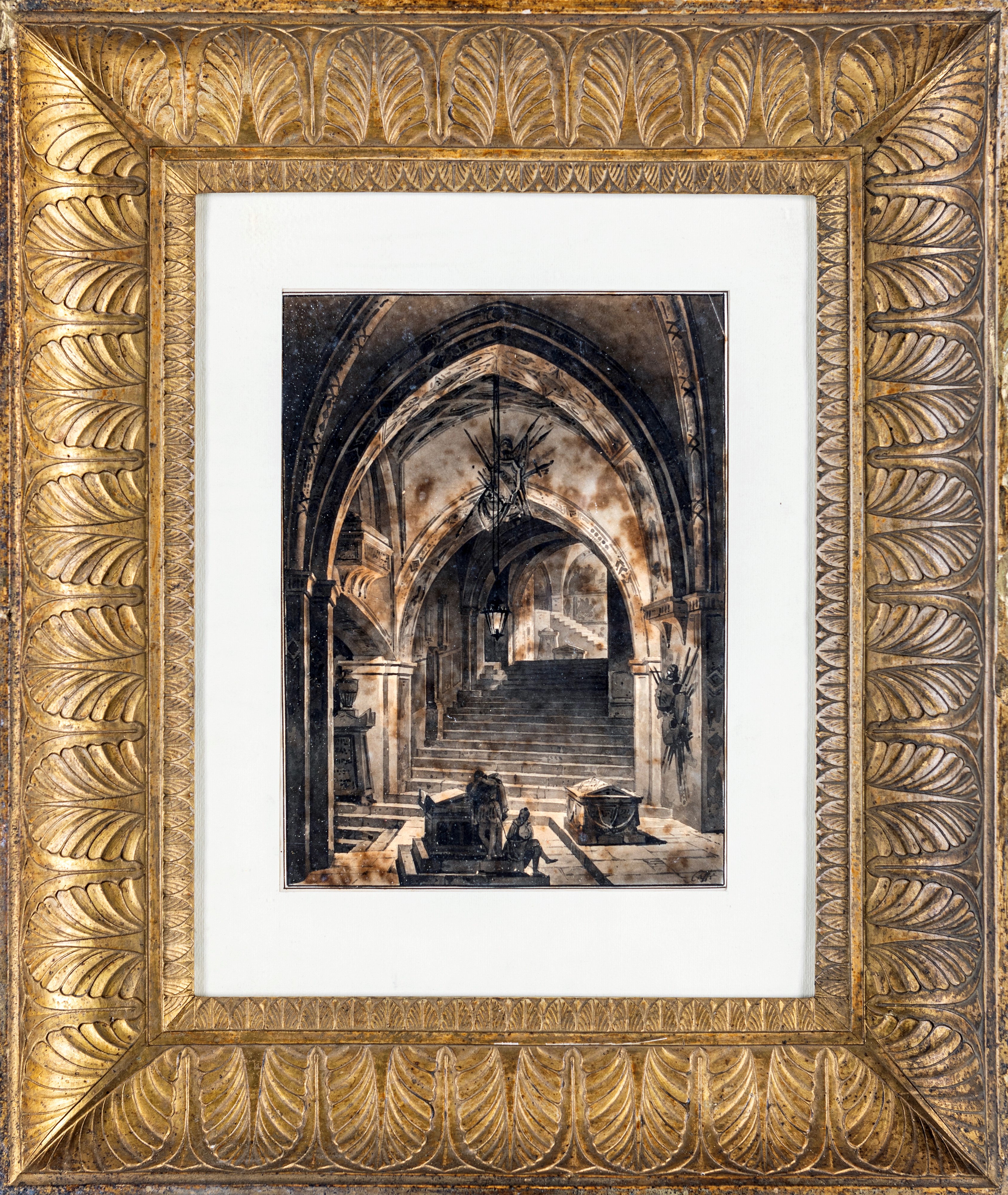 Ippolito Caffi - Interno con figure, acquarello su carta