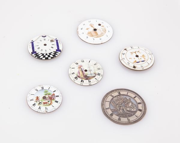 6 quadranti per orologi da tasca: 5 in smalto con raffigurazioni  e 1 in metallo del XIX secolo