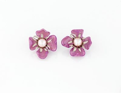 Orecchini in Oro Bianco con Fiore in Smalto