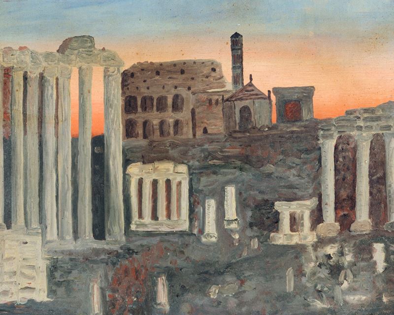 Pittore del XX Secolo - Veduta del Foro Romano con il Colosseo