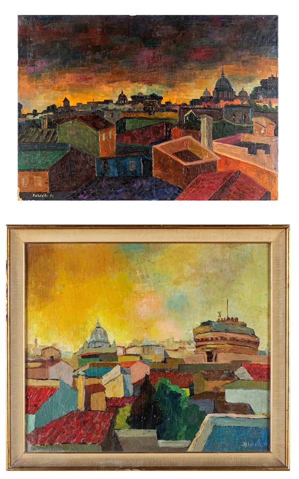 Franco Sabatelli - Coppia di dipinti - Tetti di Roma con San Pietro e Castel Sant'Angelo