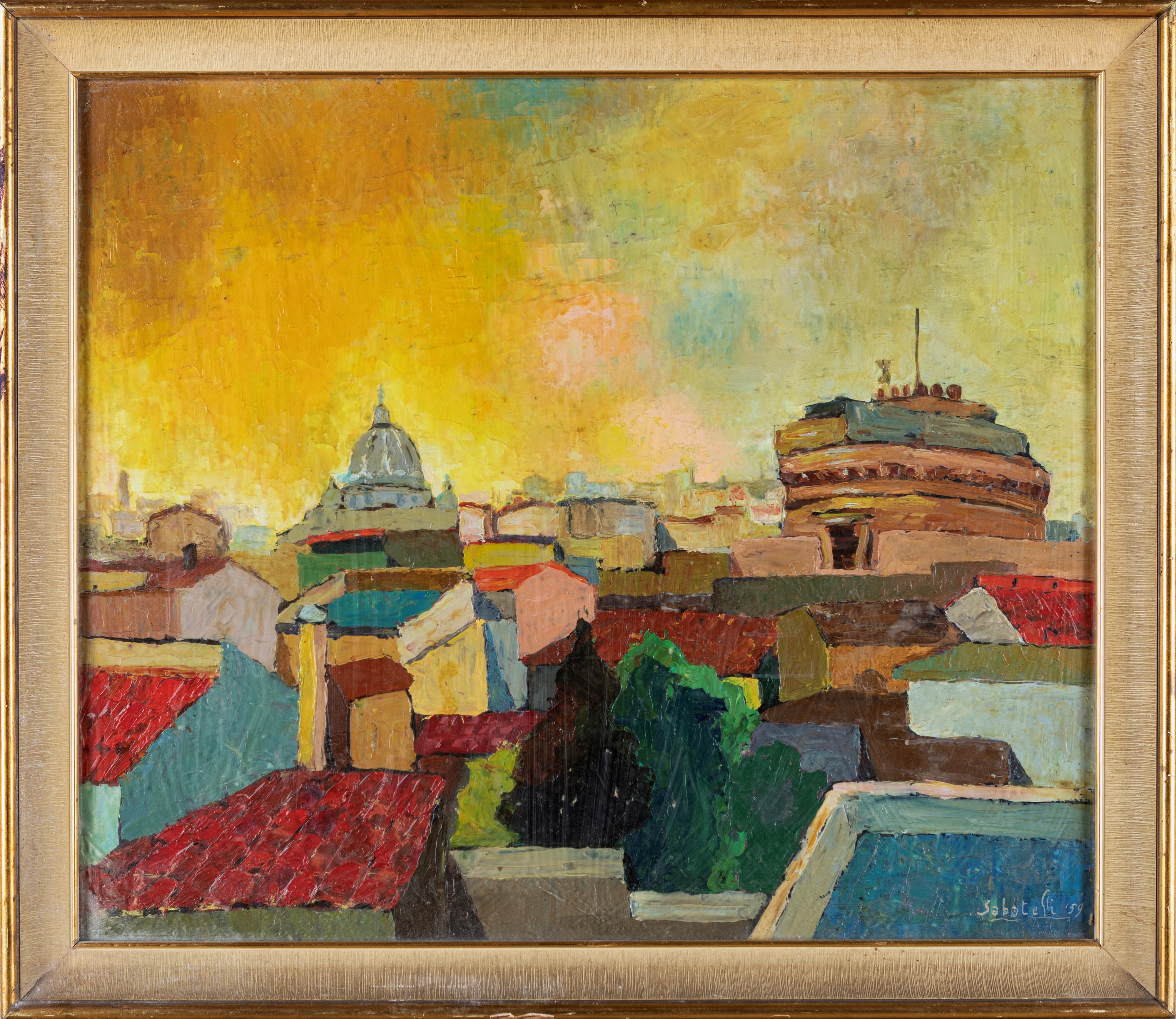 Coppia di dipinti - Tetti di Roma con San Pietro e Castel Sant'Angelo