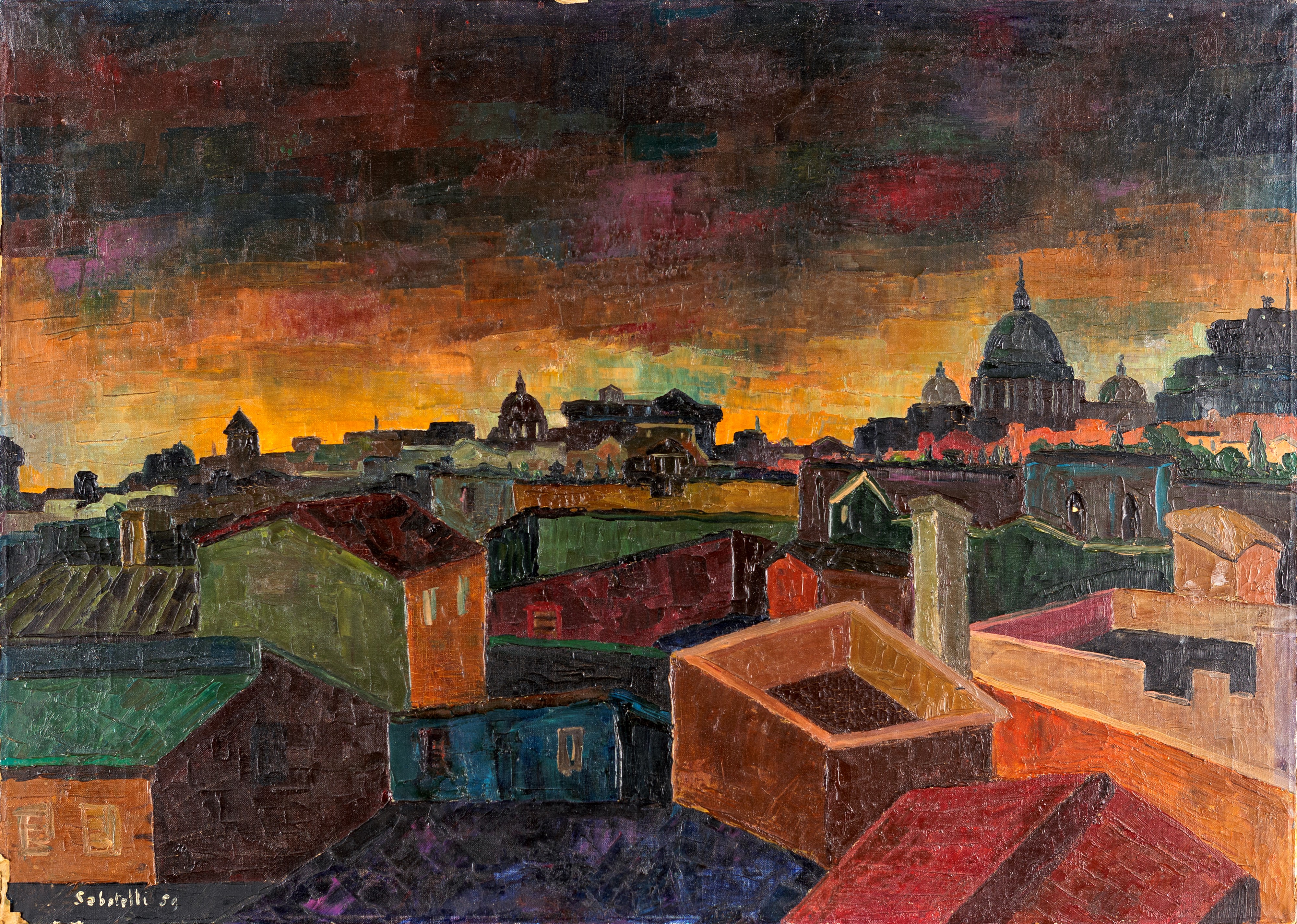 Franco Sabatelli - Coppia di Dipinti - Tetti di Roma con San Pietro e Castel Sant'angelo