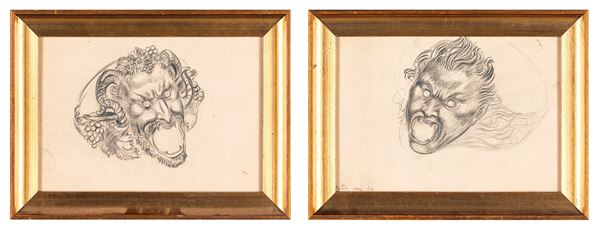 Pittore del XX secolo - Coppia di disegni "Maschere"