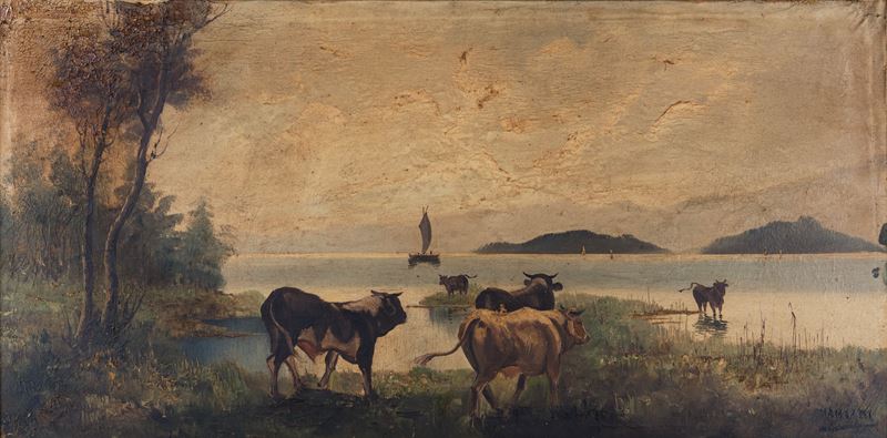Pittore del XX Secolo - Paesaggio con Mucche