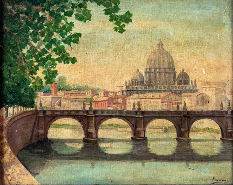Pittore del XX Secolo - Veduta di Ponte Sant' Angelo e San Pietro