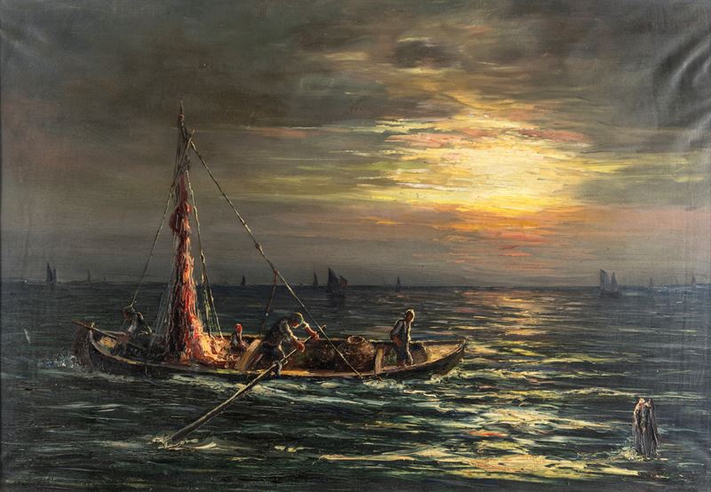 Pittore del XX Secolo - Marina con Pescatori