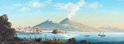 Veduta del Golfo di Napoli con Castel Dell'ovo e il Vesuvio in Eruzione