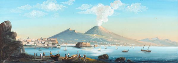 Pittore del XIX secolo - Veduta del golfo di Napoli con Castel dell'Ovo e il Vesuvio in eruzione