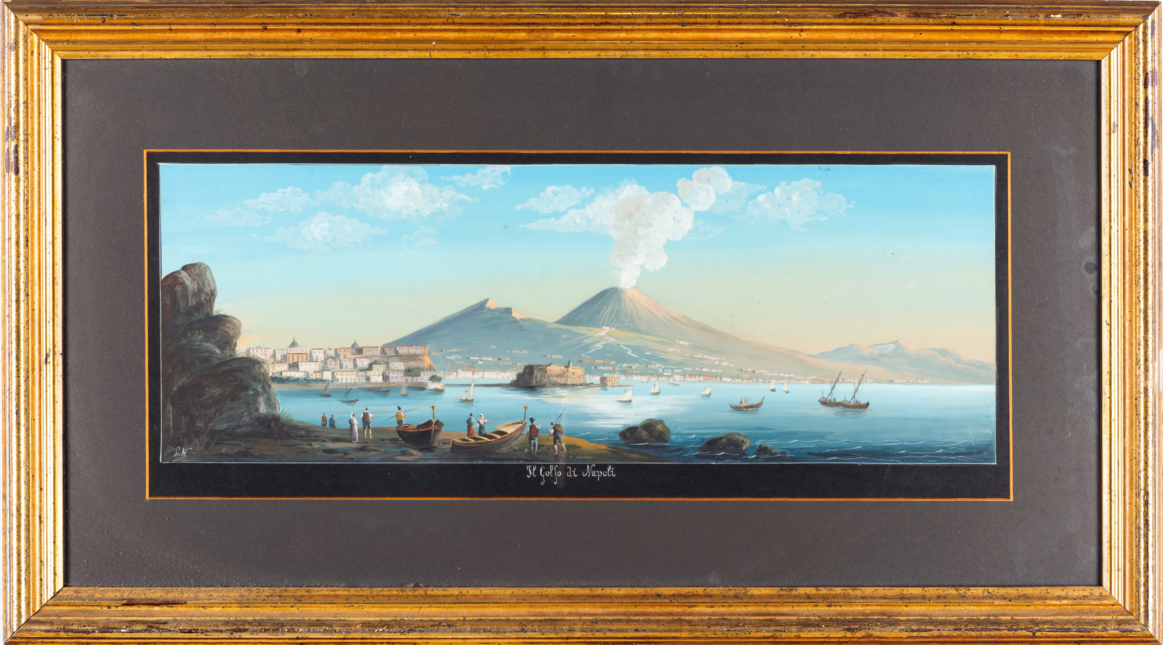 Pittore del XIX Secolo - Veduta del Golfo di Napoli con Castel Dell'ovo e il Vesuvio in Eruzione