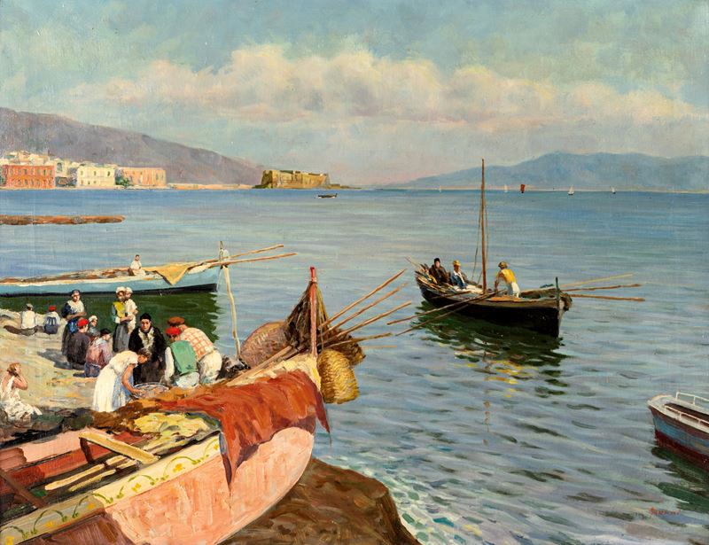 Pittore del XX Secolo - Golfo di Napoli con Pescatori