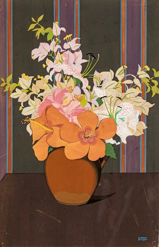 Alberto Salietti - Coppia di Tempere su Carta Raffiguranti Vasi di Fiori