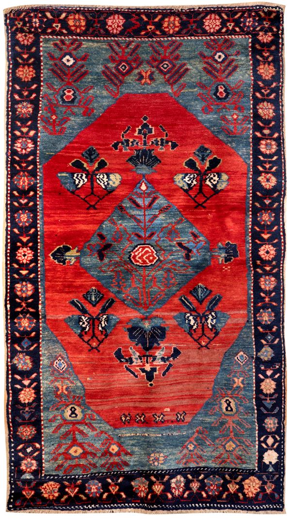 Tappeto afgano rosso corallo e azzurro, vecchia manifattura