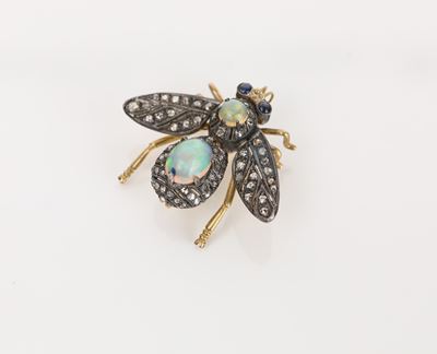 Spilla Pendente Ape in Oro Argento Diamanti e Opali.