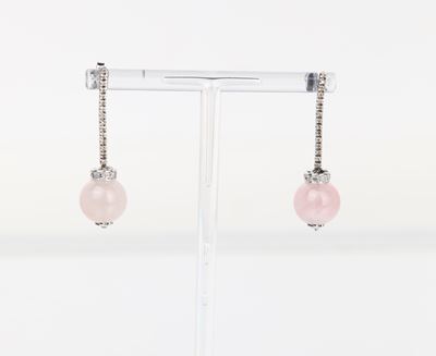 Coppia di Orecchini Pendenti in Oro, Quarzo Rosa e Brillanti