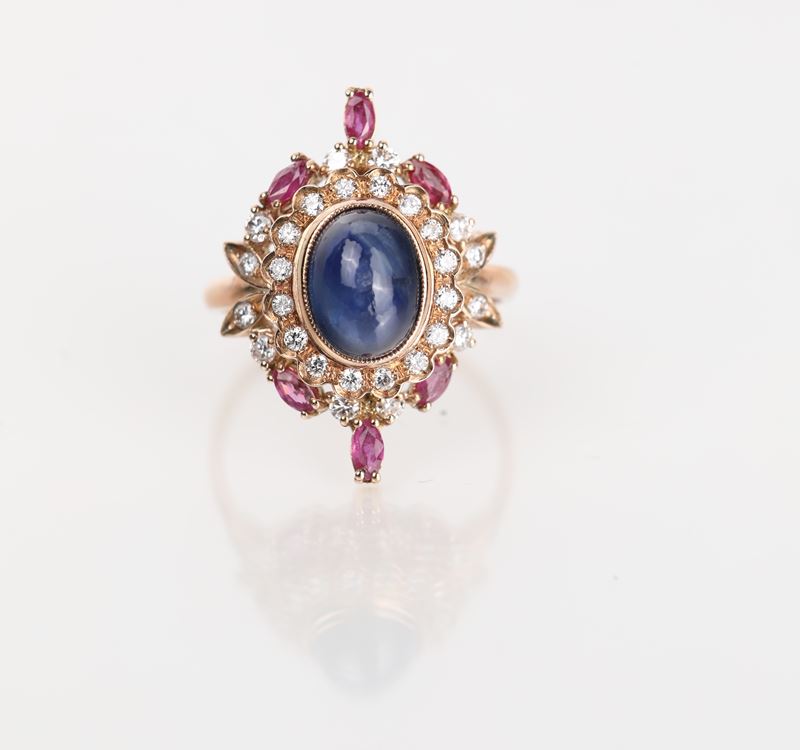 Anello in Oro, Zaffiri, Brillanti e Rubini