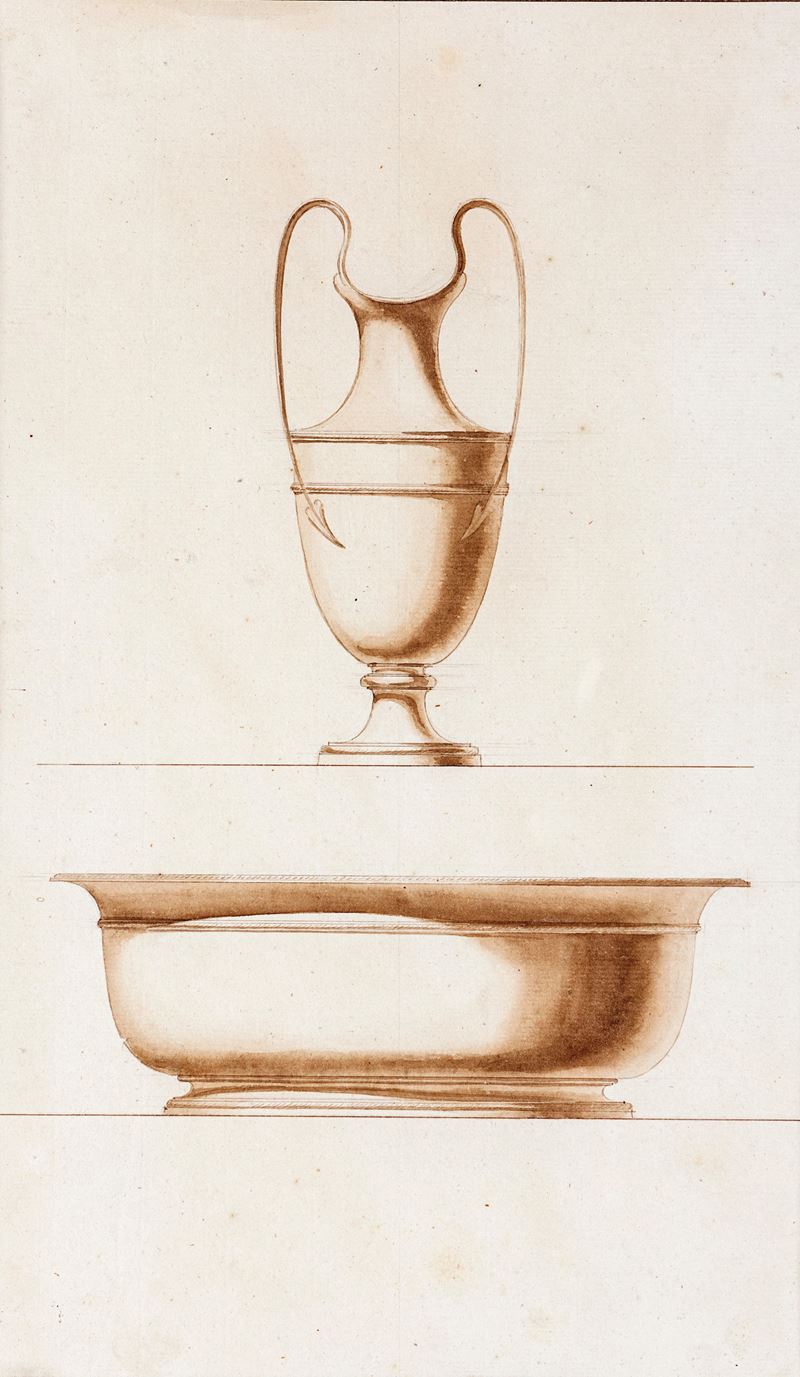 Giuseppe Valadier - Studio per vassoio e versatoio, disegno su carta