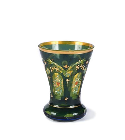 Calice a Tromba in Vetro Verde con Fiori, Boemia, Metà del XIX Secolo