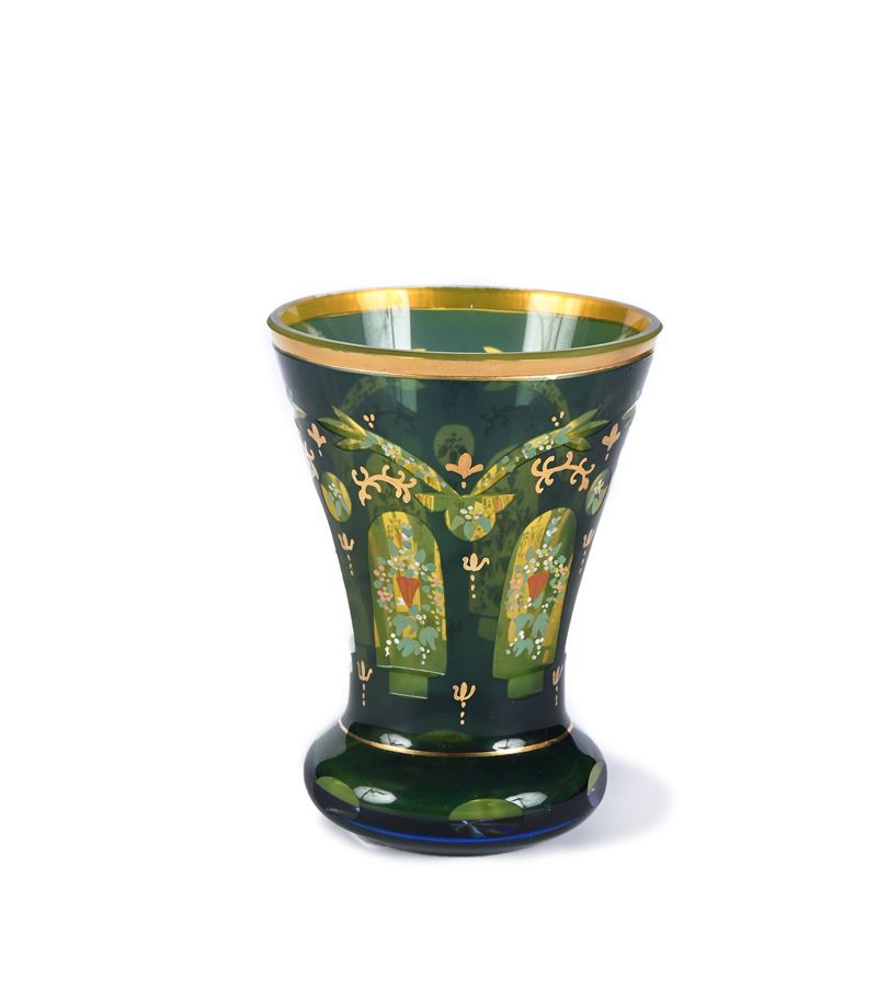 Calice a Tromba in Vetro Verde con Fiori, Boemia, Metà del XIX Secolo